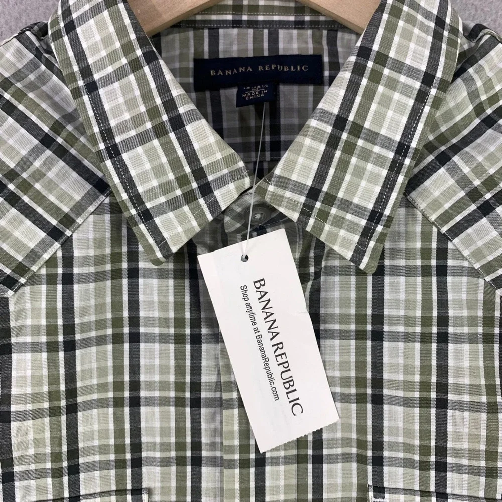 Banana Republic Plaid Western Button Down Men M Green Long Sleeve Shirt NWT